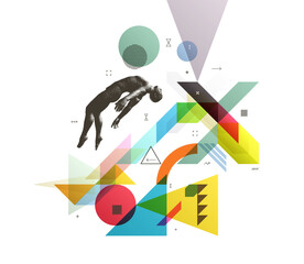 Obraz premium Art composition. Astral travel out of body or reincarnation spiritual concept. Flying man in zero gravity or a fall. Hovering in the air. Levitation act. Transparency geometrical background.