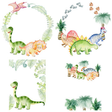 Watercolor frames with cute dinosaurs.