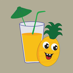 glass of pineapple juice with fruits.Cold-pressed pineapple juice ad template in colorful paper cut design, concept of natural garden or farm, 3d illustration