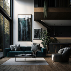 Contemporary open plan living area with wooden floors furnished with a teal sofa and glass coffee tabl