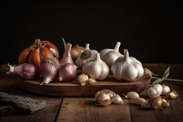 garlic bulbs on a wooden plate - ai-generated