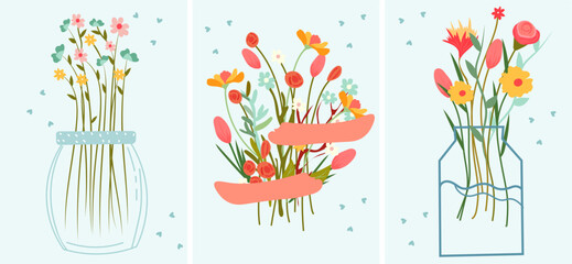 A hand embracing a bouquet of wildflowers, colorful chamomile, poppies, and green leaves, bouquet flowers in a glass vase. Bright cards Perfect for various celebrations.Vector illustration. 