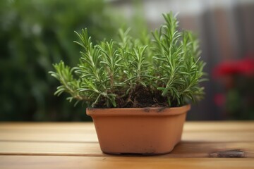 a pot of rosemary on a wooden table - ai generated