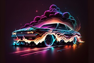Obraz na płótnie Canvas Supersport car parked on the street at cyberpunk city illuminated with neon lights