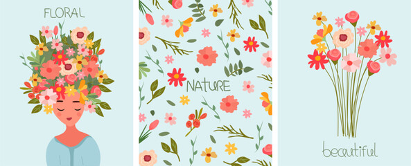 A bright Greeting cards featuring an elegant woman a flowers on head, bouquet flowers. Concept your blooming. Perfect for Mothers Day cards, birthdays, banners, posters, invitations etc. Vector