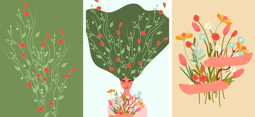 Beautiful vector illustration of a woman with flowers in her hair, a bouquet and spring elements, leaves, plants, petals and buds. Ideal for spring cards and posters, banners, invitations. Vector