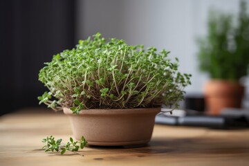a little pot aof growing thyme on a wooden table - ai generated