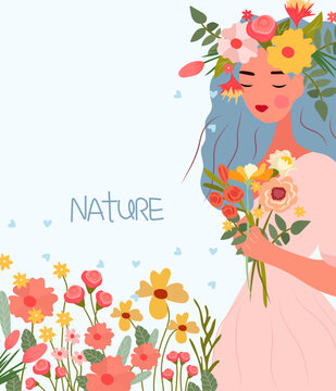 Charming lady with flowers in her hair and hands, perfect for springtime cards and posters, banners, invitation. Vector illustration for special occasions like Mother's Day or Women's Day. Vector.