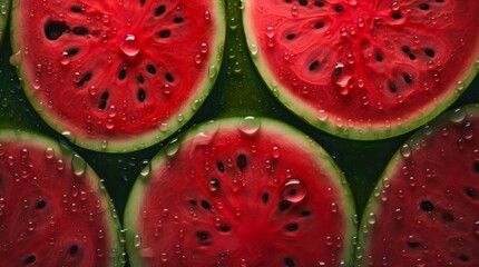A lot of ripe watermelons with water drops. Background design with fresh wet watermelons. Generative AI.