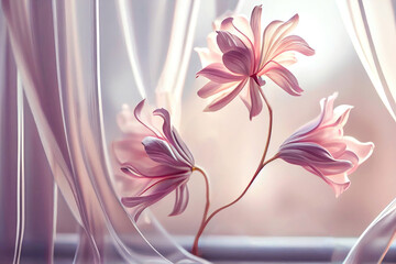 Beautiful fantastic pink, lilac flowers on a light morning window curtain background, ai generation
