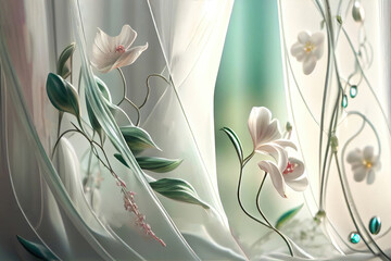 Beautiful fantastic white flowers on a light morning window curtain background, ai generation