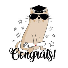 Congrats -  cool cat in graduate cap and certificate or diploma. Good for greeting card, postcard, T shirt print, poster, label and other gifts design.