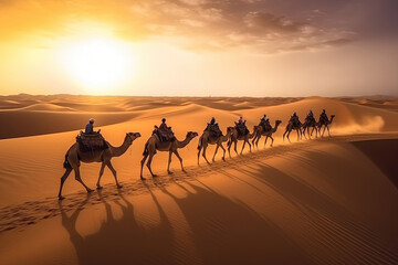 A caravan of camels traverses the desert as the sun sets, casting a mesmerizing glow over the vast expanse, creating a scene of timeless beauty and adventure