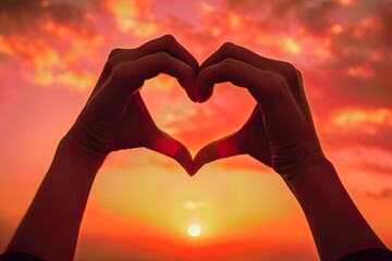 close-up of a woman's hands forming a heart shape against a sunset background