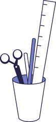 Cup with stationery: pen, pencil, scissors, ruler. Vector object.