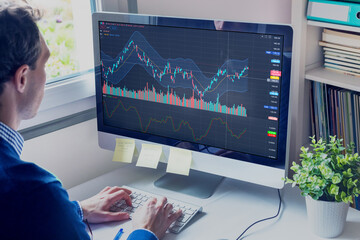 Stock market trading and financial investment. Person using trading interface with charts and statistic tools on computer to analyze ticker price evolution and decide to sell or buy.