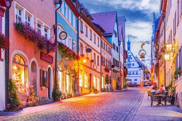Rothenburg ob der Tauber, Germany. Schimedgasse street and Marktplatz, Romantic Road.