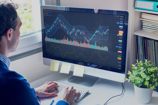 Stock market trading and financial investment. Person using trading interface with charts and statistic tools on computer to analyze ticker price evolution and decide to sell or buy.