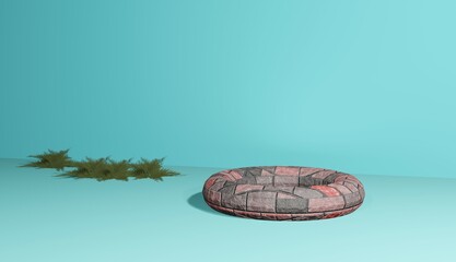 green background with brick objects on the edges of the leaves