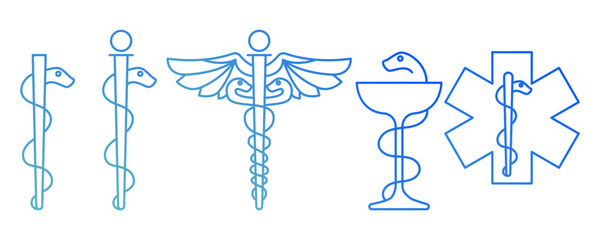 Set vector linear symbols of medicine blue icons of medicine sign with snake, hospital, medical sign on white background eps10