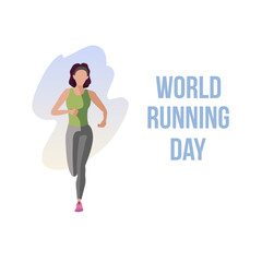 Vector flat illustration with running or joging beautiful woman. World running day