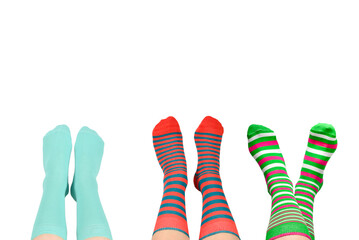 Woman in blue socks isolated on white background. Top view.