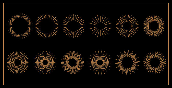 set of golden thin linear sun rays on brown background vector eps10 graphic