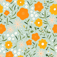 Flower field on mint background, seamless pattern illustration