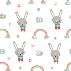 Seamless pattern with cute Easter bunnies. Bunnies hold eggs in their paws. Rainbow and clouds in colors. Gentle muted tones. Ideal for notebook covers, scrapbooking, fabric, decorations for easter.