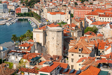 Split old city, beautiful cityscape, top view from Diocletian’s palace bell tower, outdoor travel background, Dalmatia, Croatia. Famous tourist destination in the country and in Europe