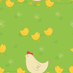 Vector seamless pattern with chickens and yellow chicks characters in green grass in cartoon style. Digital seamless Easter design with chickens and chicks