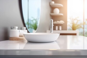 Obraz na płótnie Canvas Blank Shelf Decoration Mockup in Bathroom with Copy Space for Product on Blurred Background