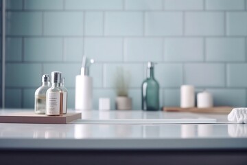 Fototapeta na wymiar Blank Shelf Decoration Mockup in Bathroom with Copy Space for Product on Blurred Background