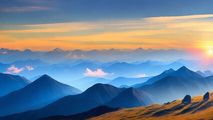 Sunset in a mountainous setting art paint. 