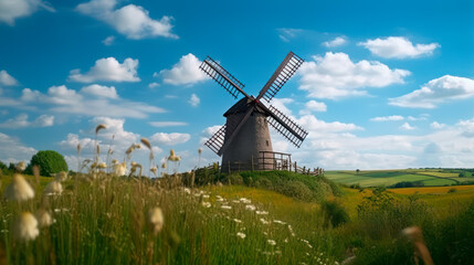 Rustic Charm: A Beautiful Landscape on a Sunny Day, Featuring a Traditional Windmill Amidst White Clouds and Lush Greenery, Generative AI