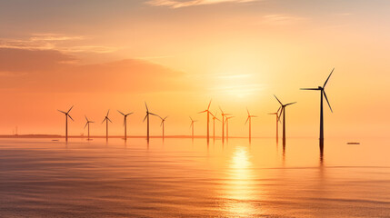 Obraz premium Wind Farm Harvest: An Idyllic Sunset Over a Sea-Based Wind Turbine Farm, Generative AI