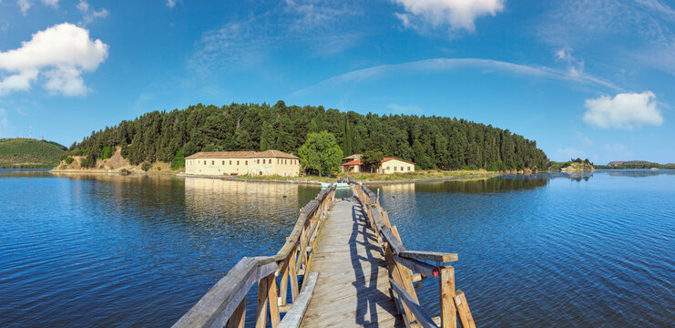Wooden ruined bridge to isolated Monastery of Saint Mary on Zvernec island (Narta Lagoon, Vlore, Albania).