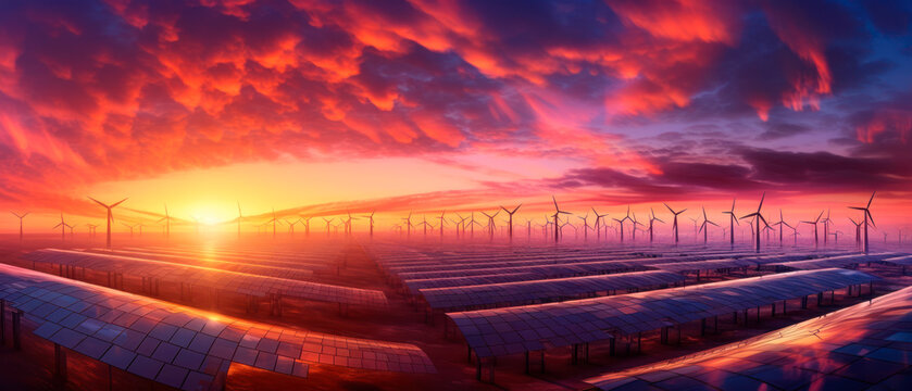 Harvesting the Power of Nature: Wind Turbine and Solar Panel Farm at Sunset, Mammatus Clouds Painting the Sky in Stunning Hues, Generative AI