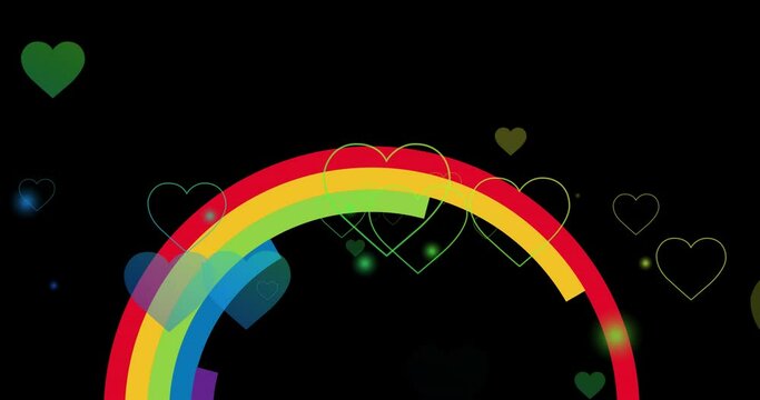 Animation of rainbow hearts over rainbow on black background