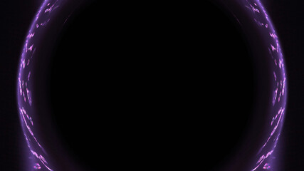 Neon glow. Round frame. Quantum portal. Defocused fluorescent purple color glitch light flare circle on dark black futuristic abstract illustration empty space background.