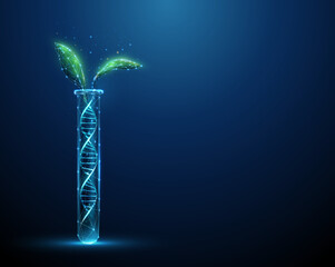Obraz premium Green plant leafs growing from DNA molecule helix in test tube.