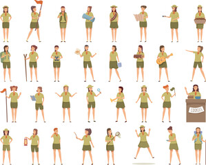 Girl scouts icons set cartoon vector. Adventure outfit. Child camp