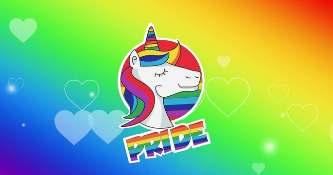 Animation of pride text, unicorn and hearts