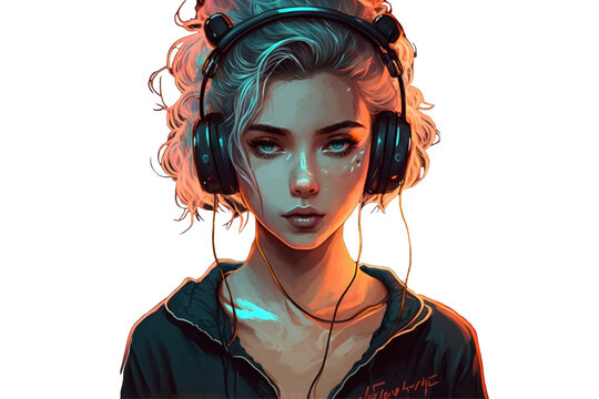 ofi style. Blond woman with headphones on transparent background. Cartoon. Relaxing, chill, positive vibes. Generative AI