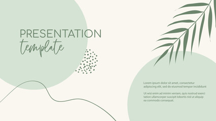 Fototapeta na wymiar Organic presentation vector template. Natural floral green minimal background with organic shapes and palm leaf