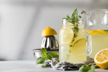 Fototapeta premium Homemade lemonade with fresh lemon slices and mint leaves in a glass. A summer refreshing drink.