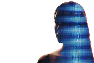 AI portrait. Digital face. Artificial intelligence. Double exposure blue color glowing binary code glitch noise woman silhouette on white empty space background.