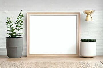 Blank picture frame mockup on white wall. White living room design. View of modern scandinavian style interior with artwork mock up standing on floor. Home staging and minimalism concept