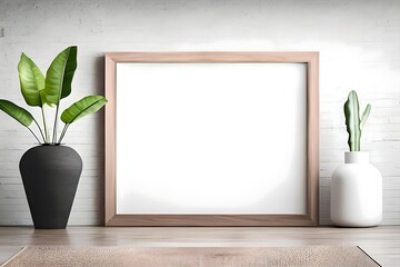Fototapeta na wymiar Empty horizontal frame mockup in modern minimalist interior with plant in trendy vase on beige wall background. Template for artwork, painting, photo or poster