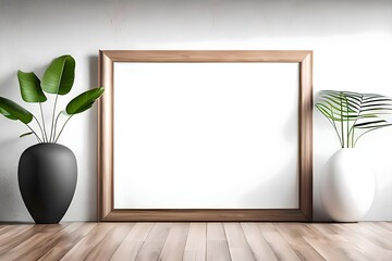 Fototapeta na wymiar Blank wooden frame in modern minimalist interior with plants in trendy vases on white wall background. Template for artwork, painting, photo or poster